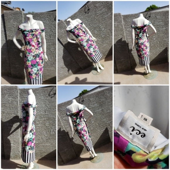 ECI MULTI-COLOR FLORAL PRINT OFF SHOULDER  SCUBA‎ DRESS - Picture 2 of 2
